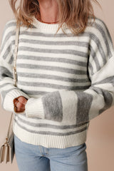Gray Stripe Drop Shoulder Crew Neck Sweater Sweaters JT's Designer Fashion