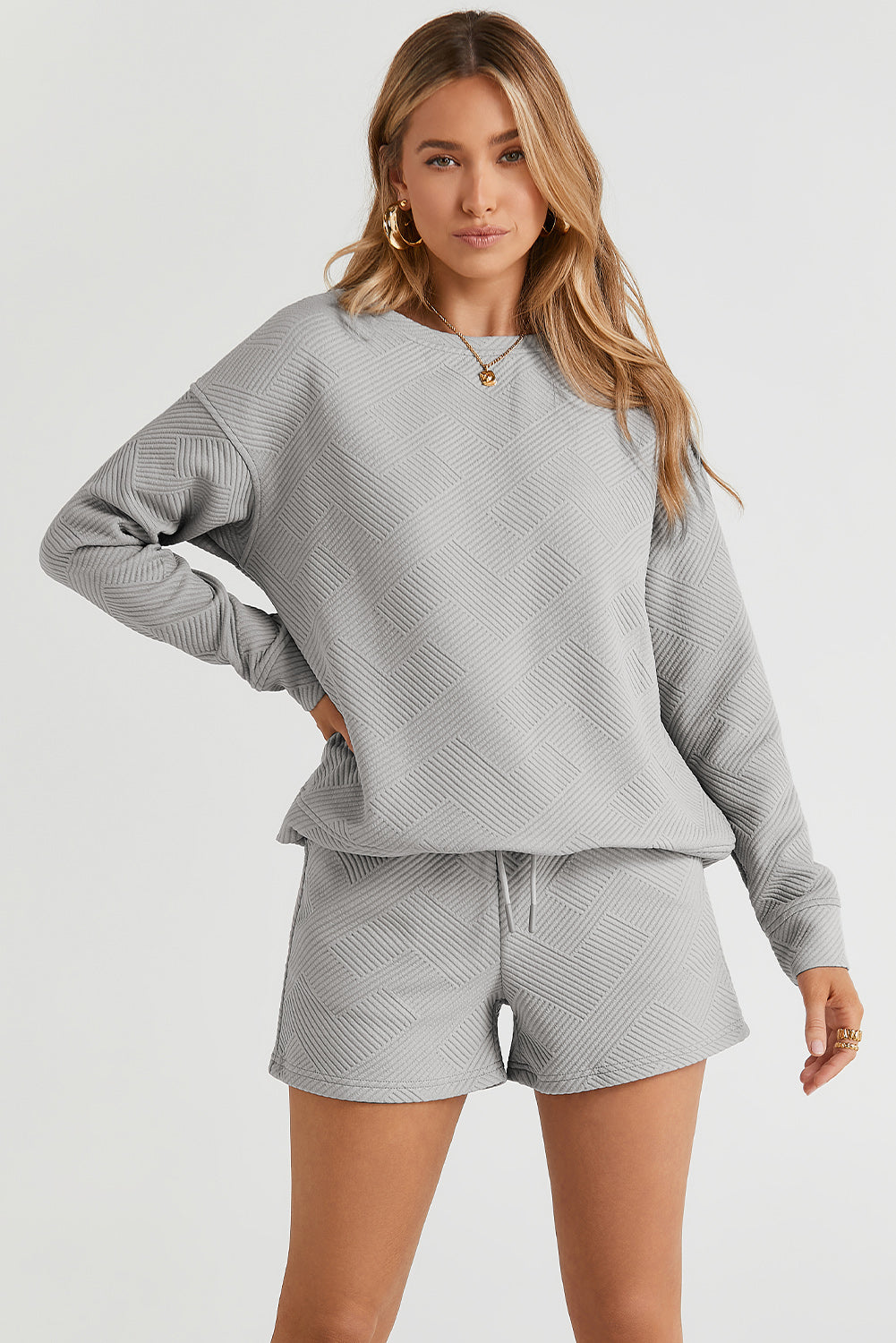 Gray Textured Long Sleeve Top and Drawstring Shorts Set Short Sets JT's Designer Fashion