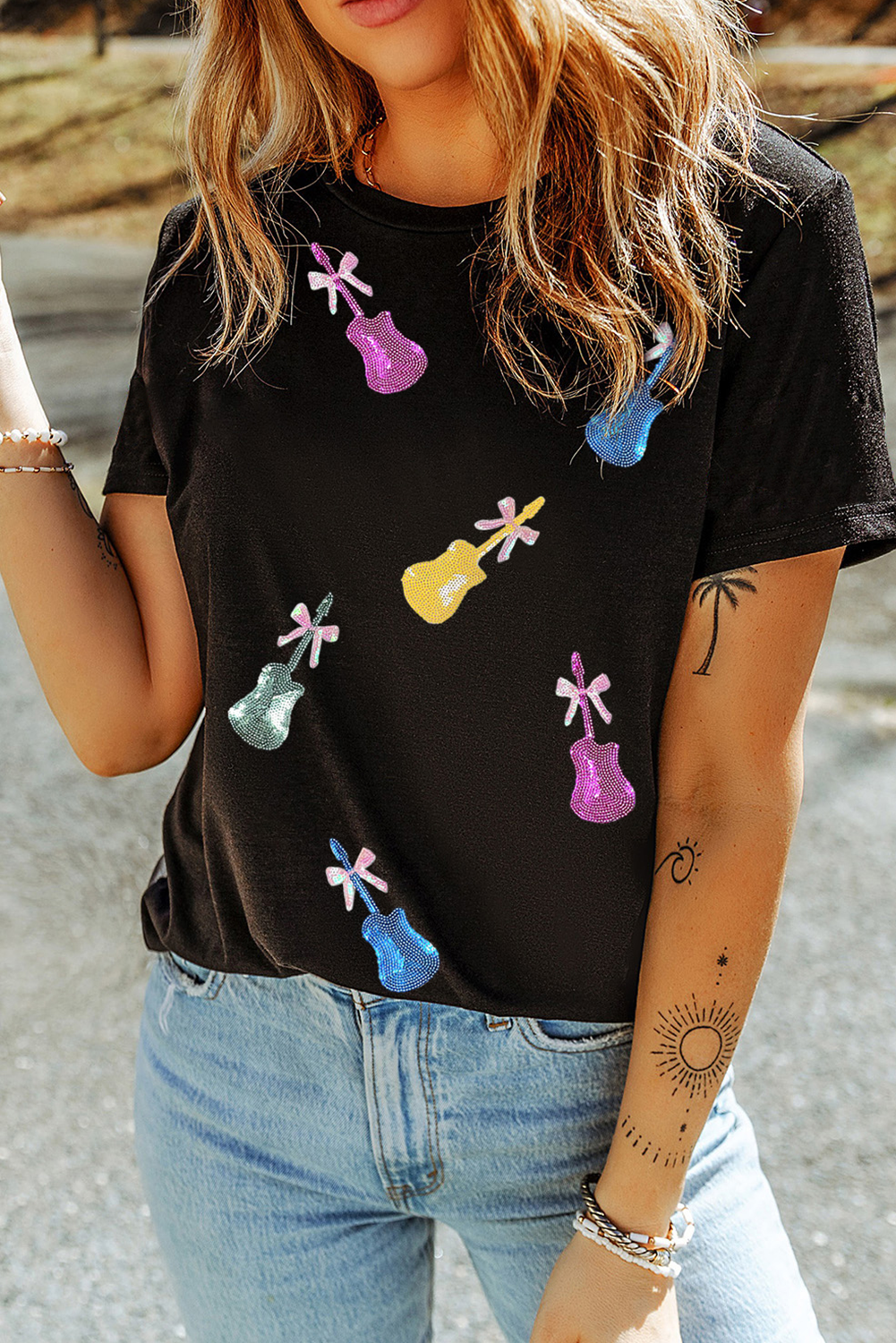 Black Sequined Bow Guitar Country Music Festival Casual Tee Graphic Tees JT's Designer Fashion