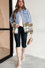 Khaki Plaid Patchwork Buttoned Oversized Denim Jacket Denim Jackets JT's Designer Fashion