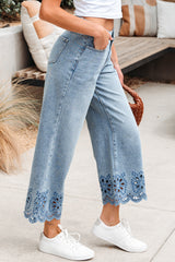 Dusk Blue Embroidered Cropped Wide Leg High Waist Jeans Jeans JT's Designer Fashion
