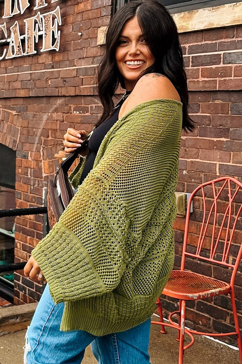 Spinach Green Oversize Crochet Knit Open Cardigan Cardigans JT's Designer Fashion