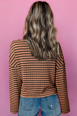 Brown Stripe Textured Frilly Trim Buttons Henley Long Sleeve Top Long Sleeve Tops JT's Designer Fashion