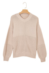 Parchment Mixed Texture Patchwork Knitted Puff Sleeve Sweater Sweaters JT's Designer Fashion