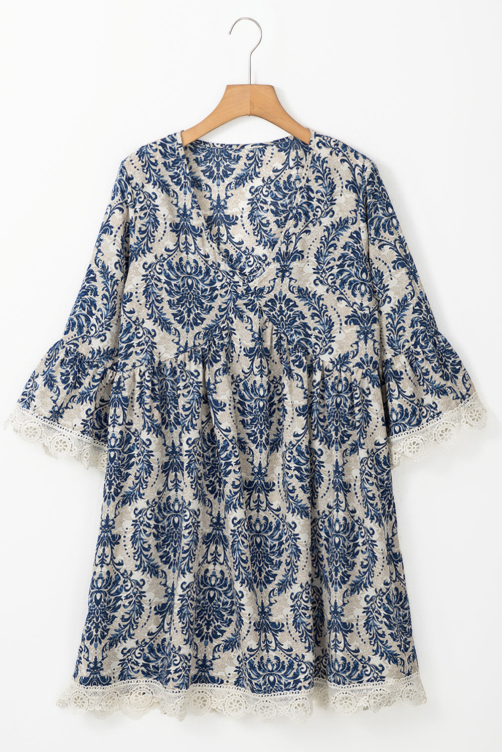 Sky Blue Vintage Printed Lace Trim V Neck 3/4 Sleeve Loose Dress Mini Dresses JT's Designer Fashion