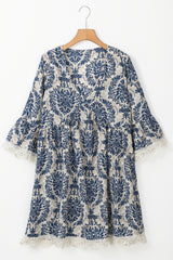 Sky Blue Vintage Printed Lace Trim V Neck 3/4 Sleeve Loose Dress Mini Dresses JT's Designer Fashion