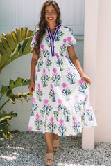 White Floral Puff Short Sleeve V Neck High Waist Maxi Dress Floral Dresses JT's Designer Fashion