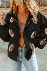 Black Sequined Rugby Football Pattern Pocketed Zipper Hooded Jacket Black 65%Polyester+35%Cotton Jackets JT's Designer Fashion