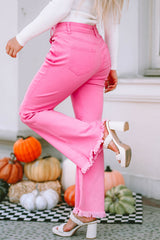 Pink Vintage High Waist Flare Leg Ripped Raw Hem Jeans Jeans JT's Designer Fashion