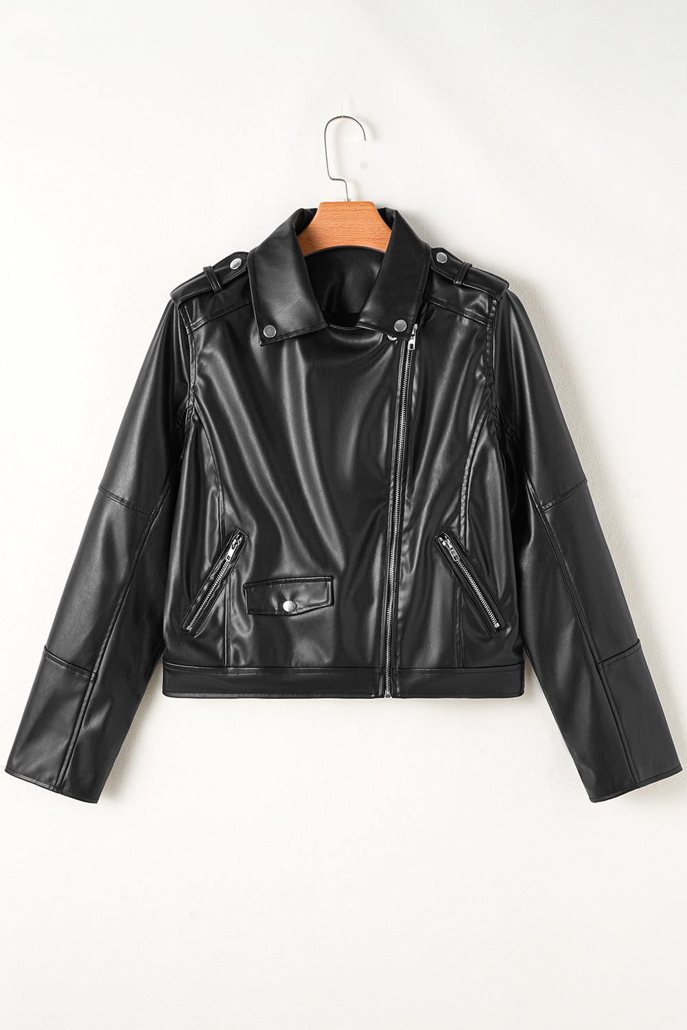 Black PU Leather Lapel Collar Zipper Jacket Jackets JT's Designer Fashion