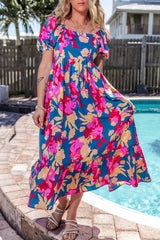 Dark Blue Square Neck Bubble Sleeve Ruffled Floral Dress Dark Blue 100%Polyester Floral Dresses JT's Designer Fashion