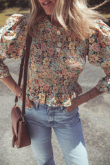 Yellow Floral Print Smocked Bubble Sleeve Ruffled Crop Top Yellow 100%Cotton Blouses & Shirts JT's Designer Fashion