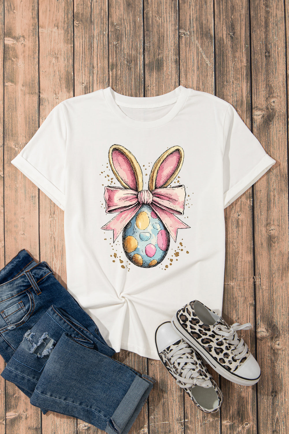 White Easter Egg Bow Bunny Ear Printed T Shirt Graphic Tees JT's Designer Fashion