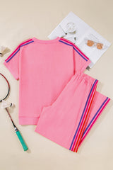 Bonbon Color Contrast Crewneck T Shirt and Wide Leg High Waist Pants Set Pant Sets JT's Designer Fashion