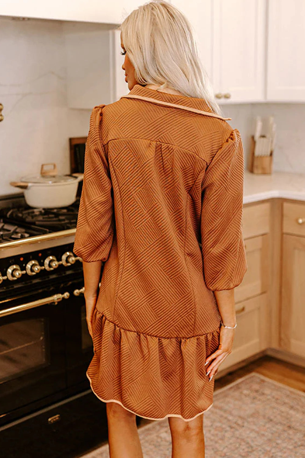 Desert Gold Quarter Zip Collar Bracelet Sleeve Textured Mini Dress Mini Dresses JT's Designer Fashion