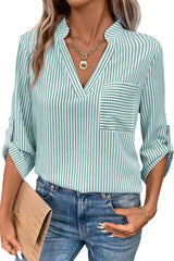 Green Stripe V Neck Roll Up Sleeve Pocket Patched Classic Shirt Blouses & Shirts JT's Designer Fashion