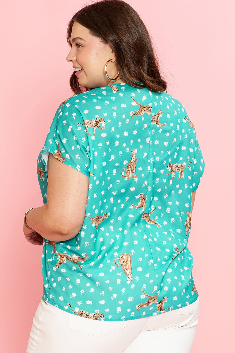 Green Cheetah Print V Neck Short Sleeve Plus Top Plus Size JT's Designer Fashion