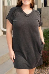 Carbon Grey Corded V Neck Plus Size T Shirt Dress with Pockets Carbon Grey 75%Polyester+20%Viscose+5%Elastane Plus Size Mini Dresses JT's Designer Fashion