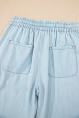 Beau Blue Light Wash Contrast Trim Center Seam Drawstring Elastic Waistband Wide Leg Denim Pants Jeans JT's Designer Fashion