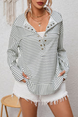 White Striped Thumbhole Drop Shoulder V Neck Top Long Sleeve Tops JT's Designer Fashion