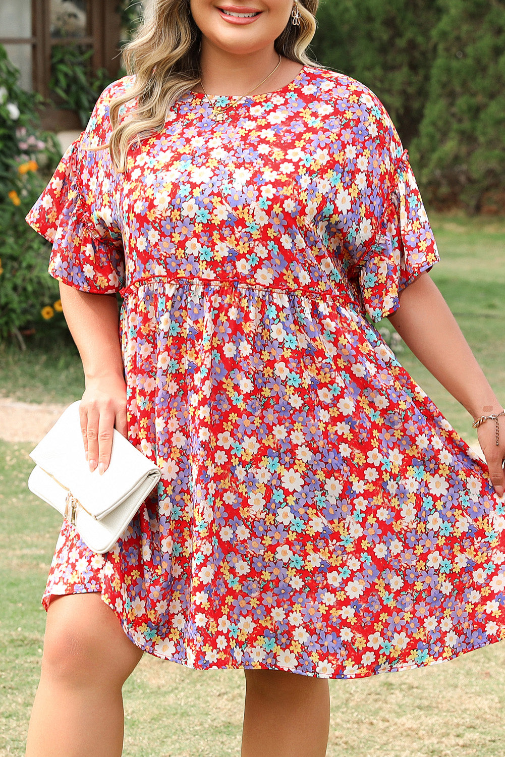 Red Dainty Flower Printed Plus Size Short Sleeve Shift Dress Plus Size Mini Dresses JT's Designer Fashion