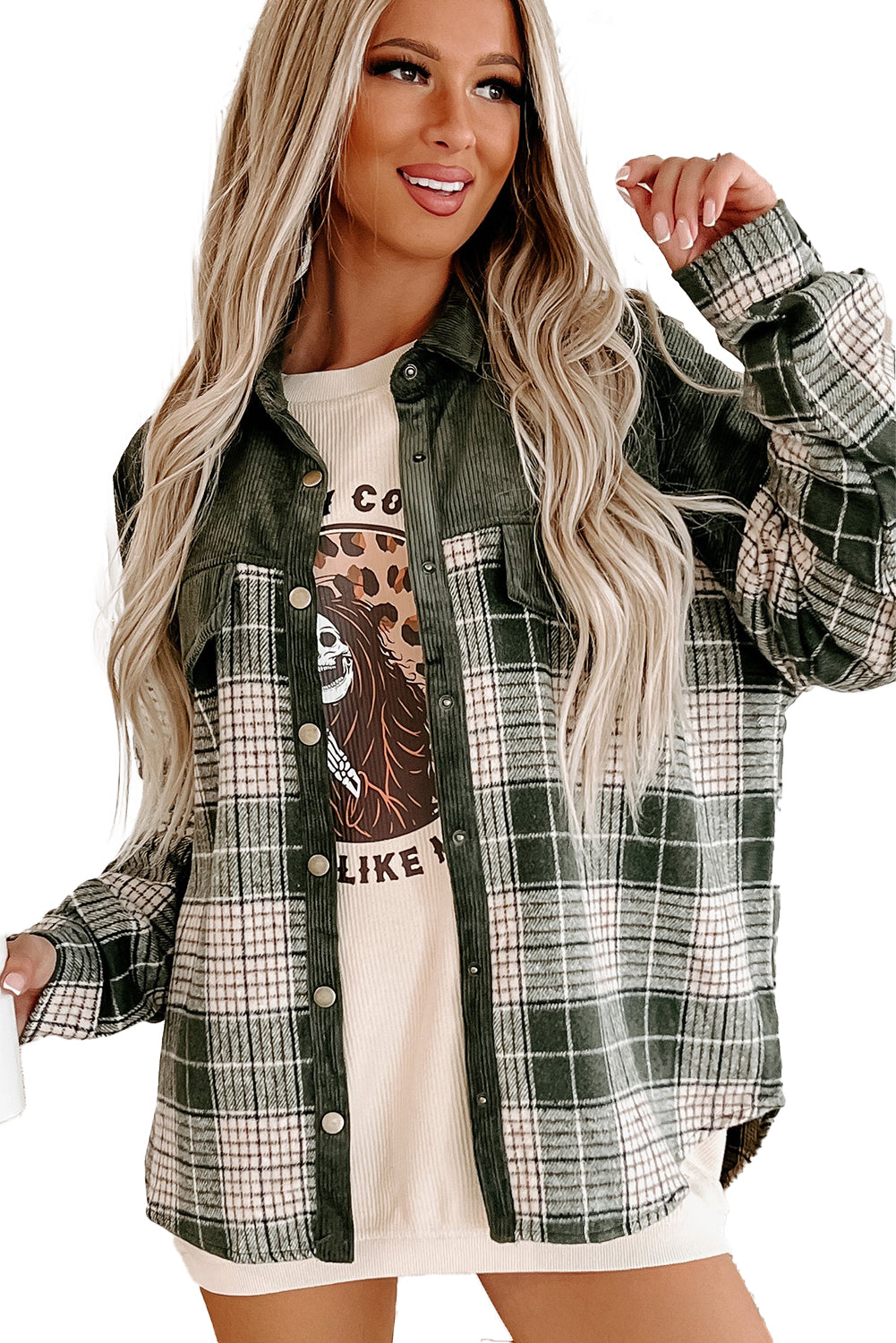 Blackish Green Snap Buttons Colorblock Plaid Shacket Plaid Shackets JT's Designer Fashion