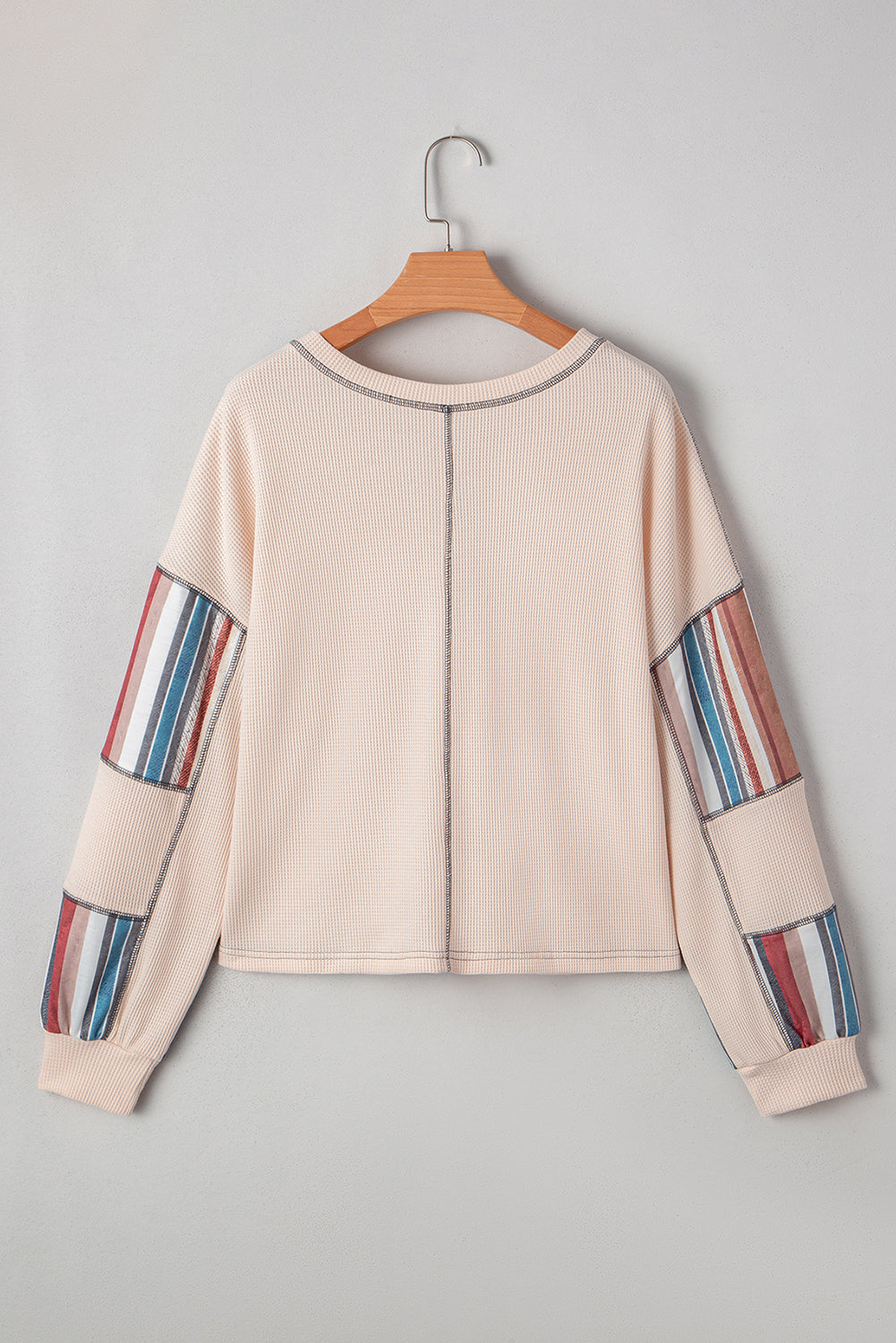 Beige Striped Waffle Patchwork Exposed Seam Raw Edge Casual Knit Top Blouses & Shirts JT's Designer Fashion