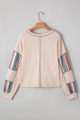 Beige Striped Waffle Patchwork Exposed Seam Raw Edge Casual Knit Top Blouses & Shirts JT's Designer Fashion