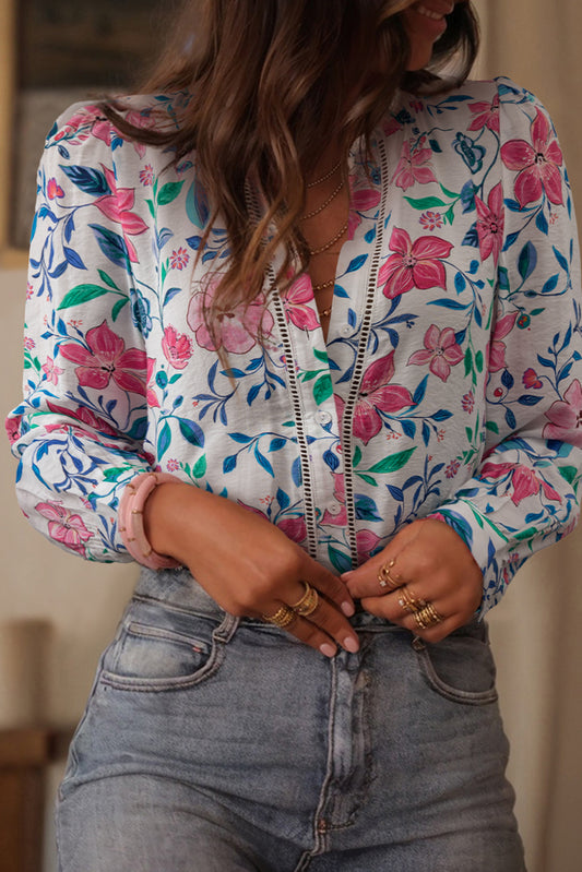 Pink Floral Print Lace Detail Button-up Long Sleeve Shirt Pink 80%Viscose+20%Polyamide Blouses & Shirts JT's Designer Fashion