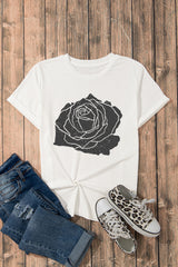 White Large Rose Print Round Neck T Shirt Graphic Tees JT's Designer Fashion