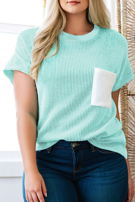 Light Blue Twisted Rib Contrast Pocket Knit Crew Neck Plus Size T Shirt Plus Size Tops & Tees JT's Designer Fashion