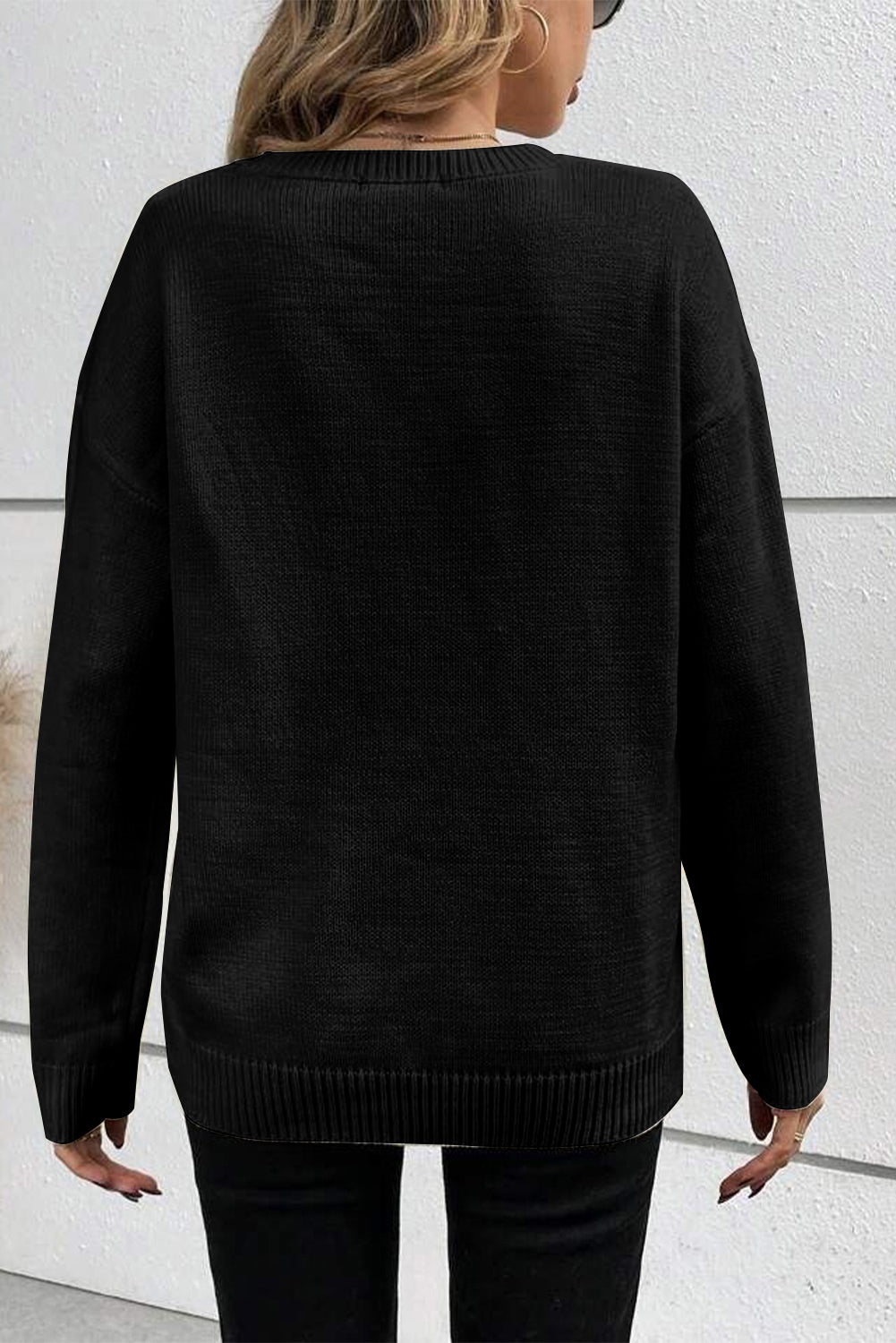Black Boo Knitted Pattern Ribbed Edge Drop Shoulder Sweater Sweaters JT's Designer Fashion