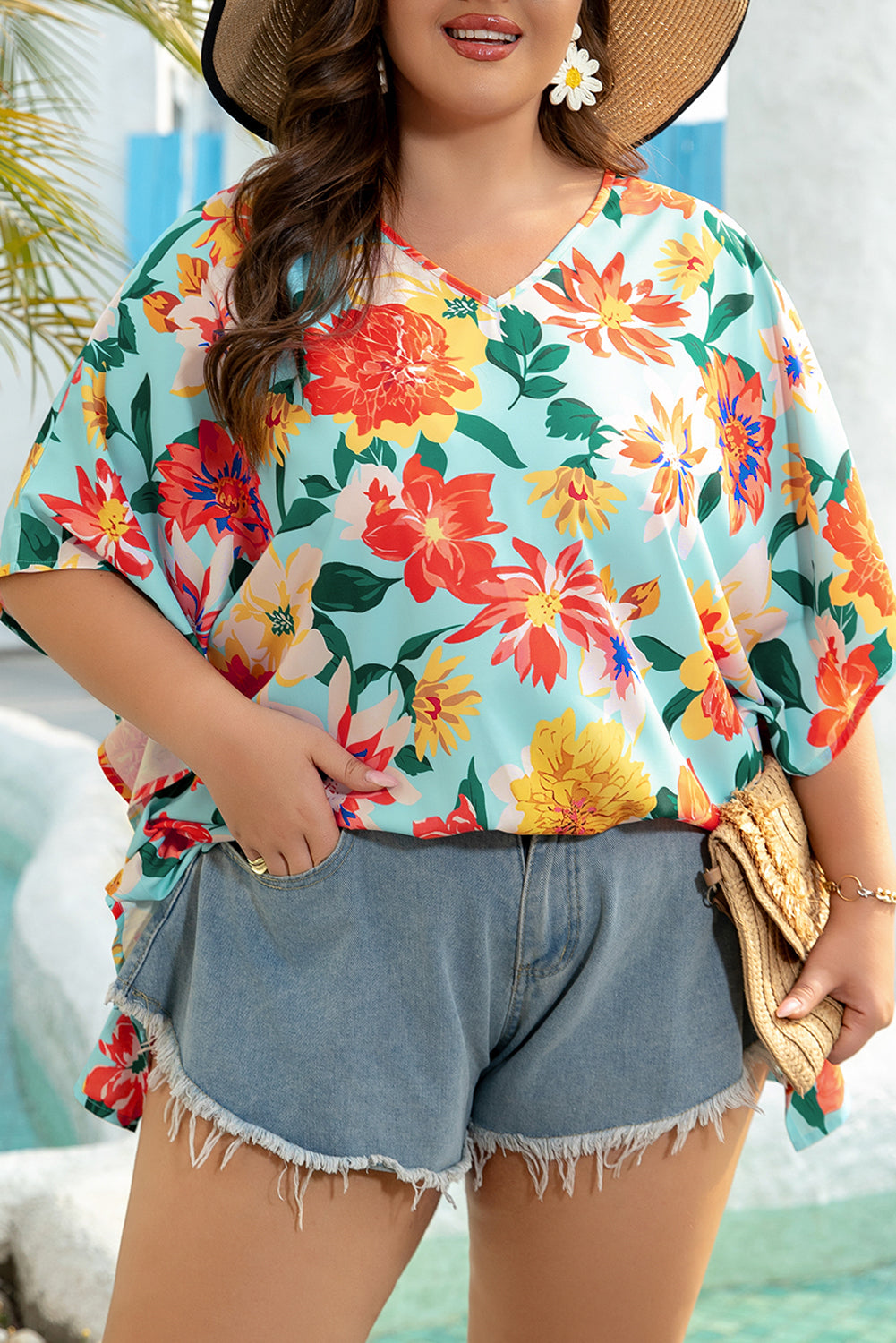 Sky Blue Plus Size Floral Print V Neck Batwing Sleeve Blouse Plus Size Blouses & Shirts JT's Designer Fashion