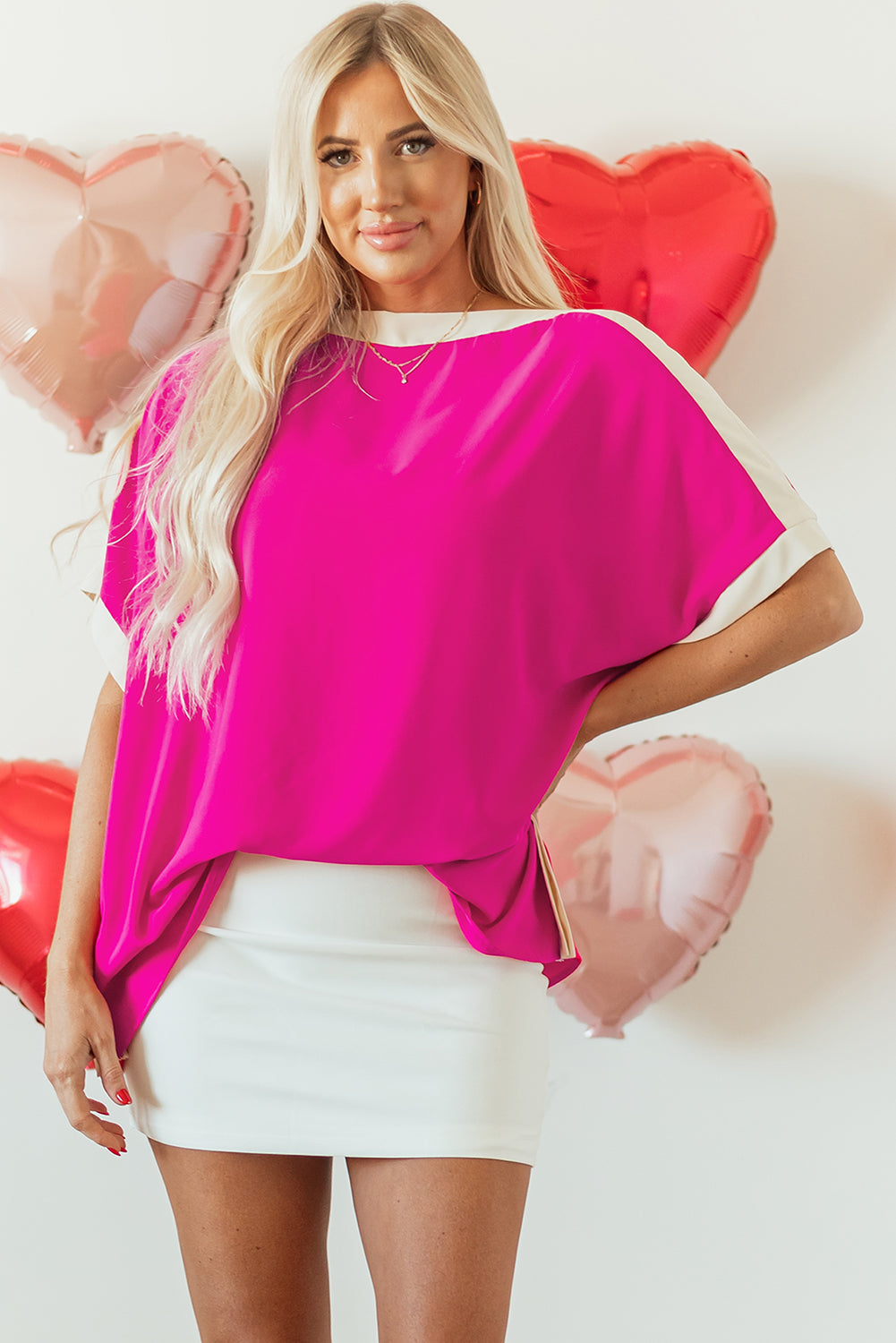 Rose Red Oversized Color Block Boat Neck Tunic Blouse Rose Red 100%Polyester Blouses & Shirts JT's Designer Fashion
