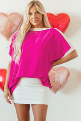 Rose Red Oversized Color Block Boat Neck Tunic Blouse Rose Red 100%Polyester Blouses & Shirts JT's Designer Fashion