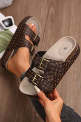 Coffee Checkered Print Dual Buckle Cut Out Platform Slippers Slippers JT's Designer Fashion