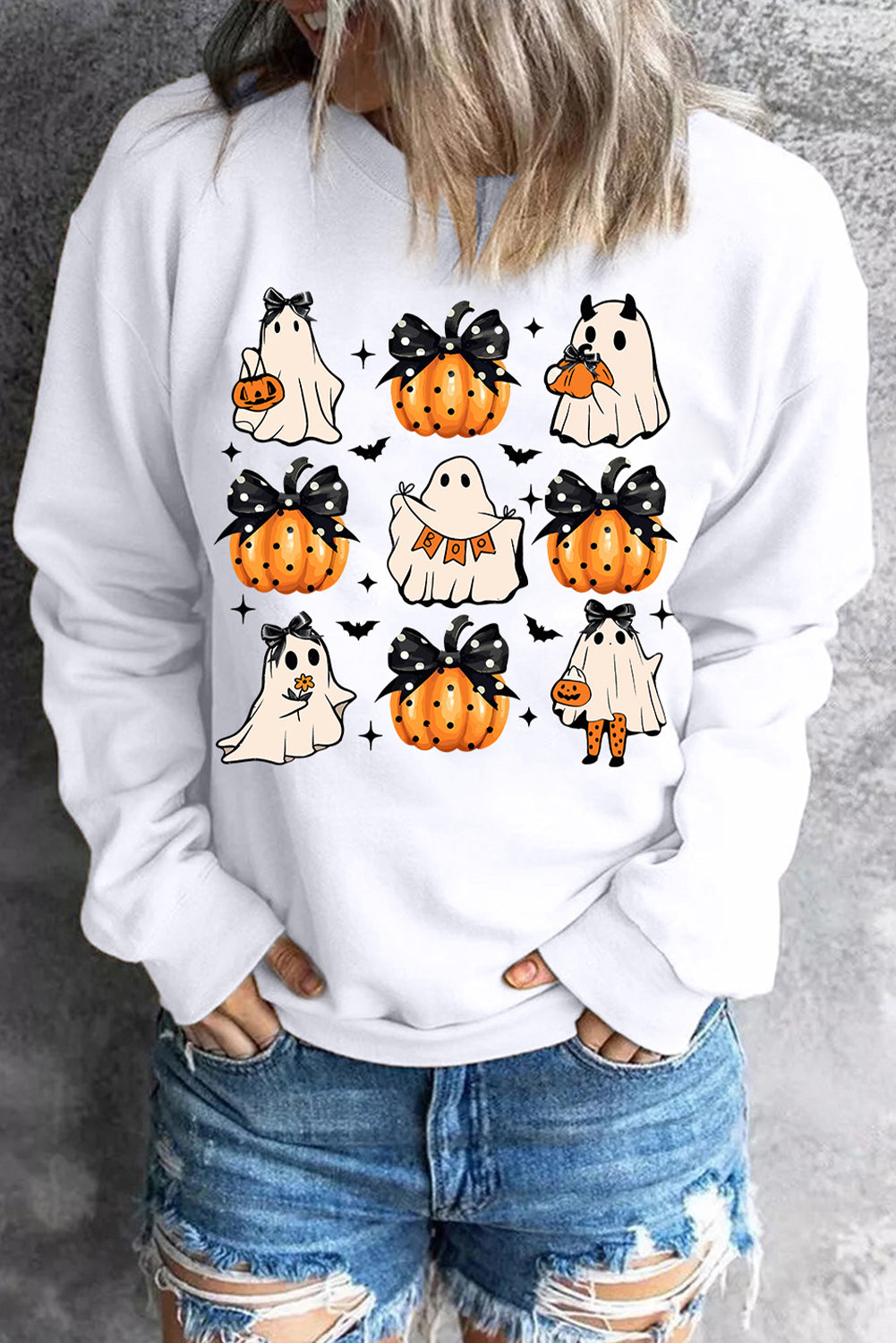 Beige Halloween Ghost Pumpkin Print Crew Neck Sweatshirt Graphic Sweatshirts JT's Designer Fashion