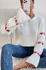 White Heart Shape Bell Sleeve Valentine Sweater White 100%Acrylic Sweaters JT's Designer Fashion