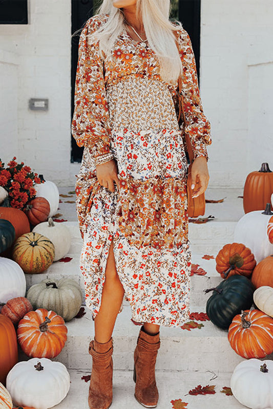 Khaki Floral Print Ruffled Tiered Long Sleeve V Neck Midi Dress Khaki 100%Polyester Floral Dresses JT's Designer Fashion