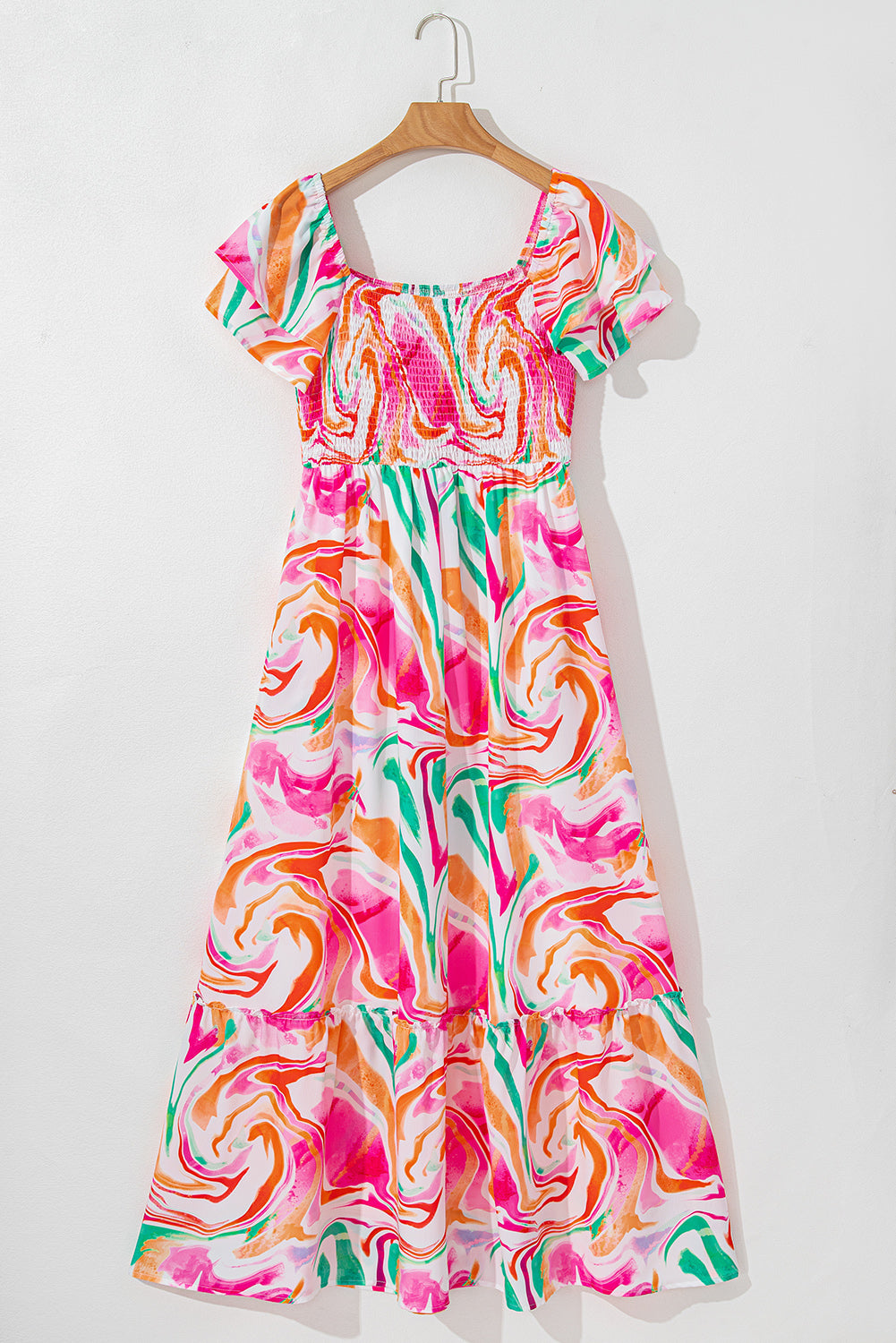 Pink Abstract Print Ruffled Sleeve Smocked Bust Long Dress Maxi Dresses JT's Designer Fashion