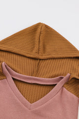 Brown Waffle Knit Patchwork Drawstring V Neck Hoodie Sweatshirts & Hoodies JT's Designer Fashion