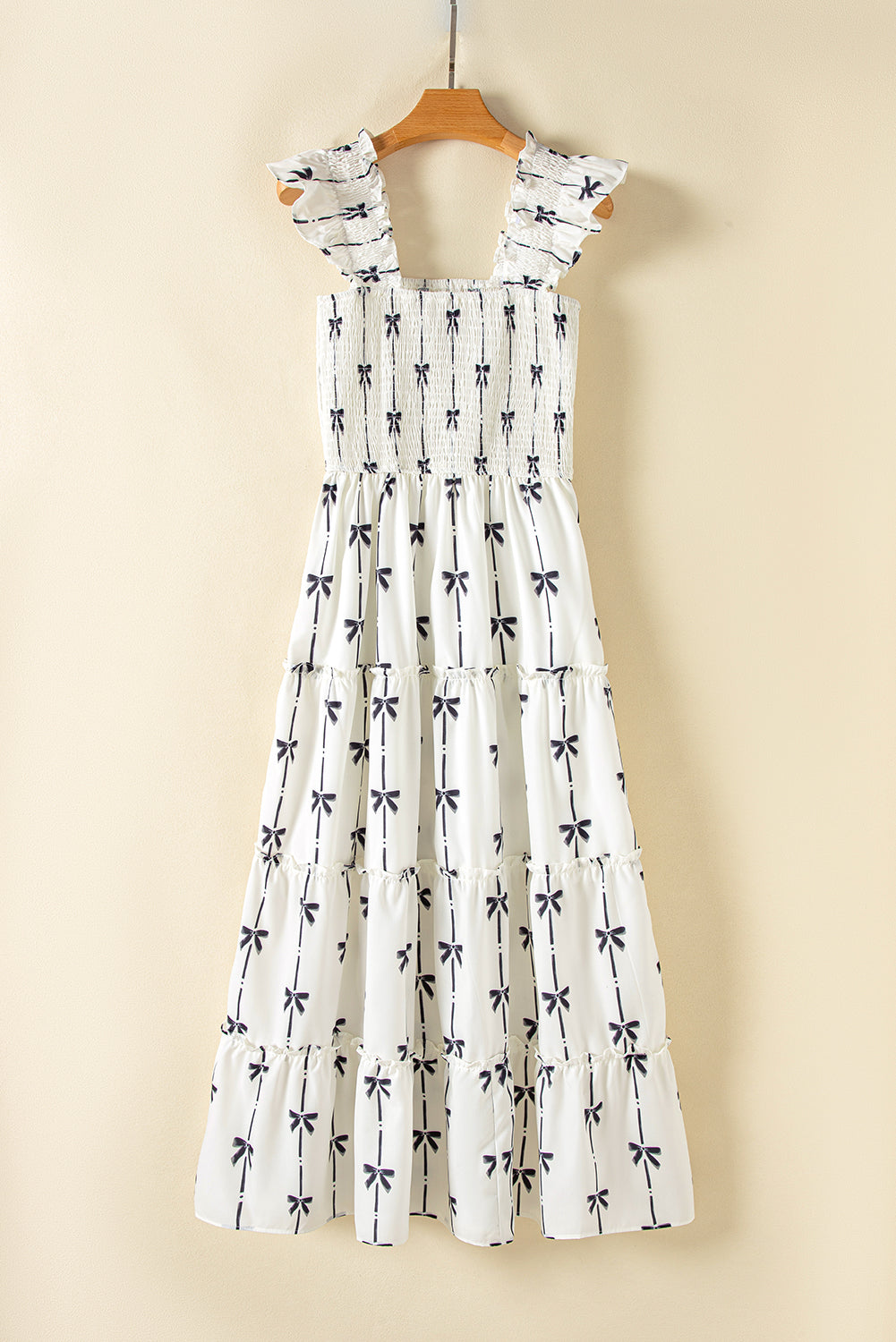 Black Bow Print Smocked Square Neck Ruffle Tiered Long Dress Maxi Dresses JT's Designer Fashion