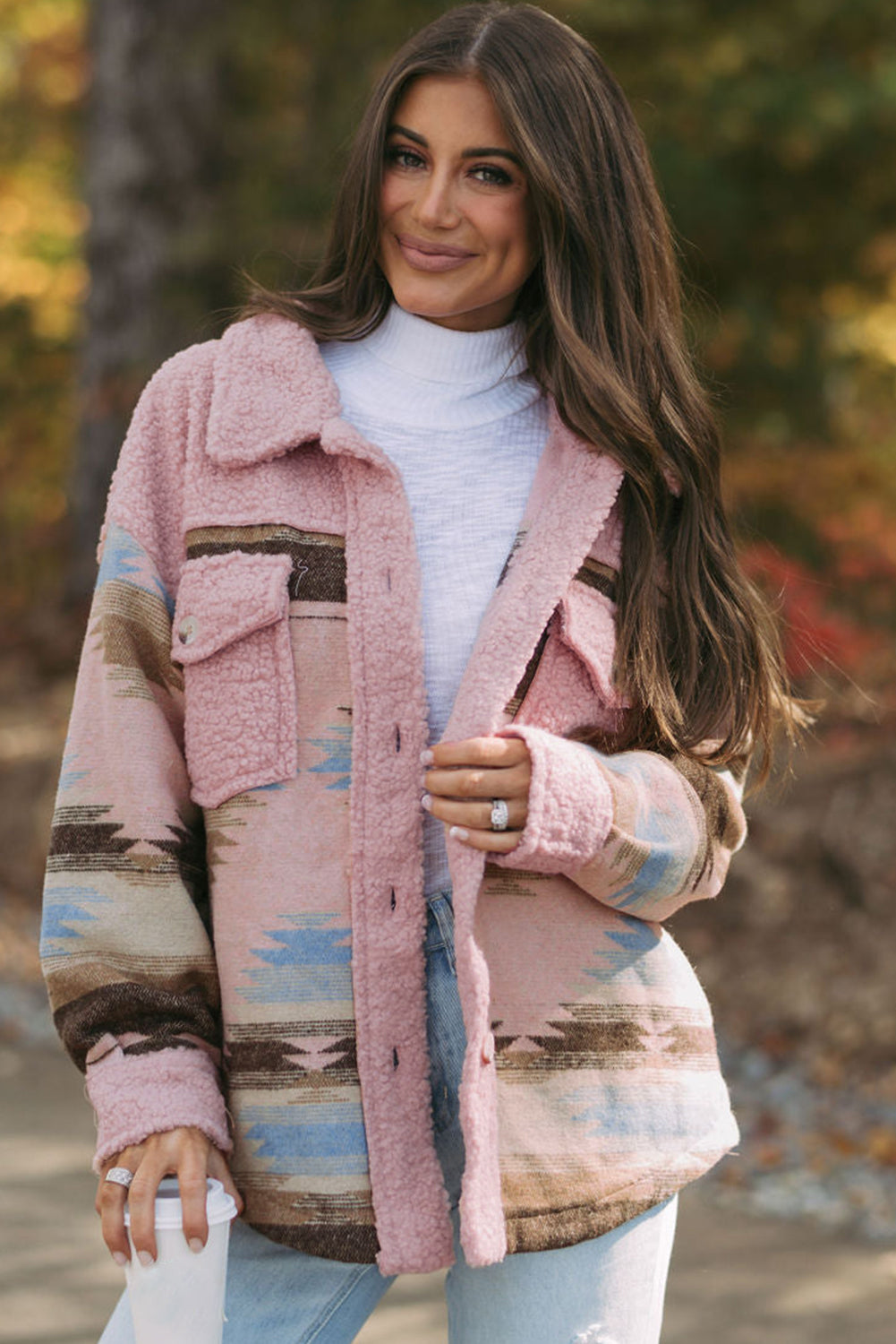Pink Western Aztec Print Sherpa Splicing Buttoned Flap Pocket Coat Jackets JT's Designer Fashion
