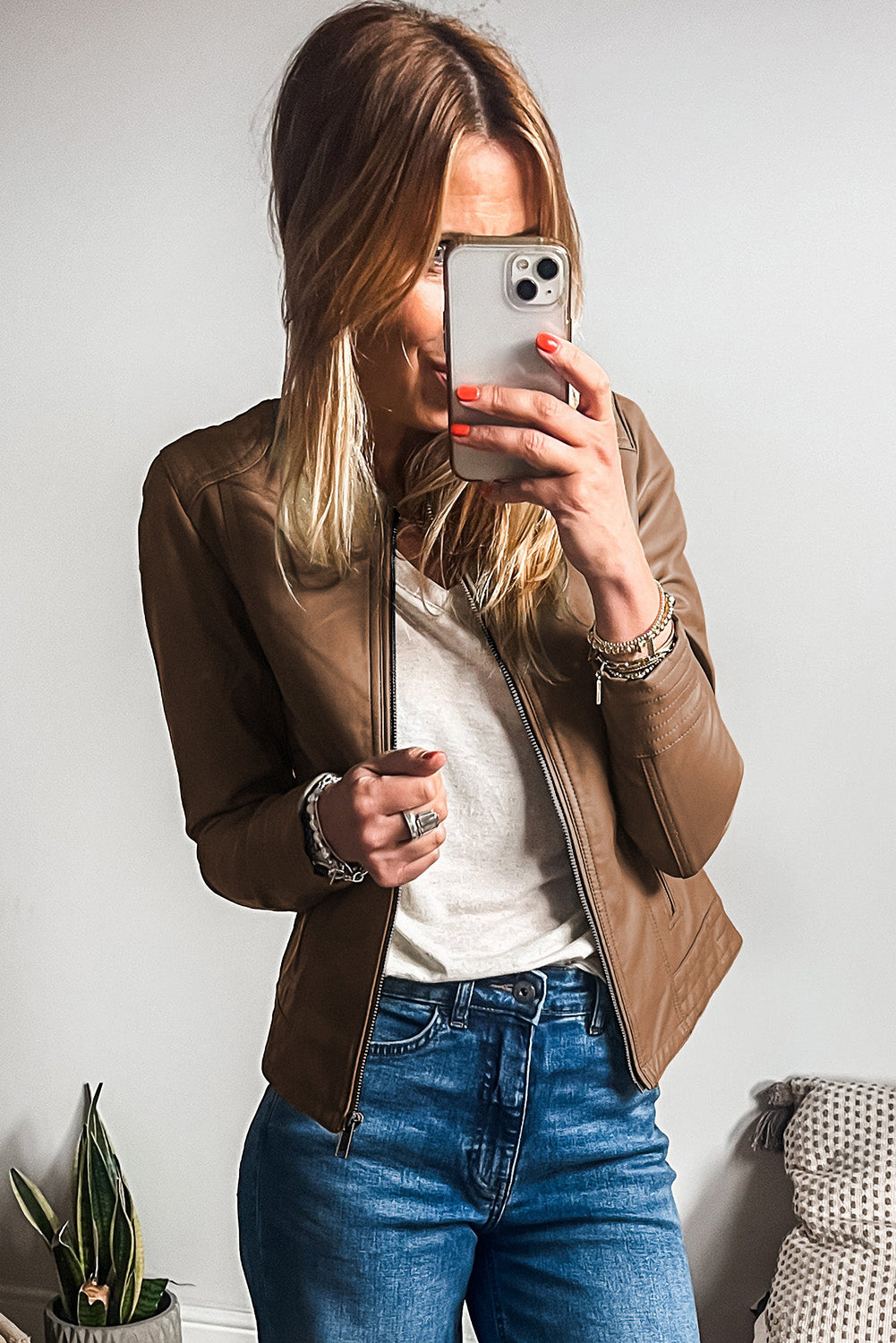 Chestnut Solid Faux Leather Zipper Slim Fit Bomber Jacket Jackets JT's Designer Fashion