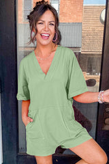 Grass Green Loose Half Sleeve V Neck Knit Romper Jumpsuits & Rompers JT's Designer Fashion