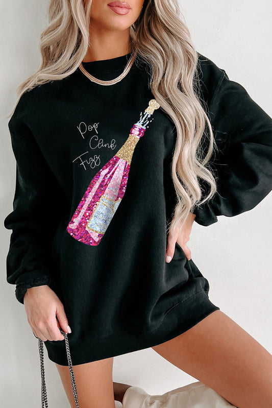 Black New Year Champagne Print Pullover Sweatshirt Black 70%Polyester+30%Cotton Graphic Sweatshirts JT's Designer Fashion