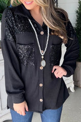 Black Sequin Patch Chest Pocket Corded Shacket Black 75%Polyester+20%Viscose+5%Elastane Jackets JT's Designer Fashion