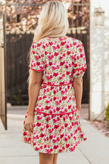 Red Floral Puff Sleeve Tiered Ric Rac Pocketed Mini Dress Floral Dresses JT's Designer Fashion
