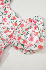 Pink Floral Puff Sleeve Square Neck Empire Waist Tiered Maxi Dress Floral Dresses JT's Designer Fashion