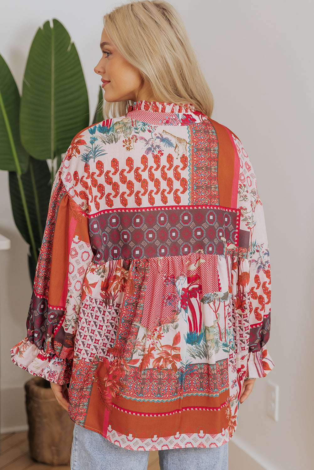 Red Boho Geometric Mixed Print Patchwork Bubble Sleeve Shirt Blouses & Shirts JT's Designer Fashion